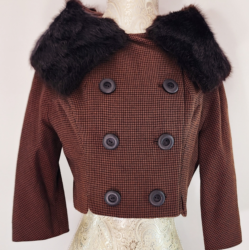 Vintage 1950's Battelsteins cropped wool Houndstooth & Rabbit Fur jacket